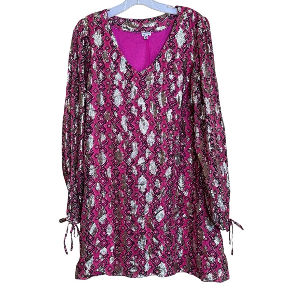 En Creme Raspberry Pink Gold Metallic Shift V Neck Sheer Sleeve Dress M